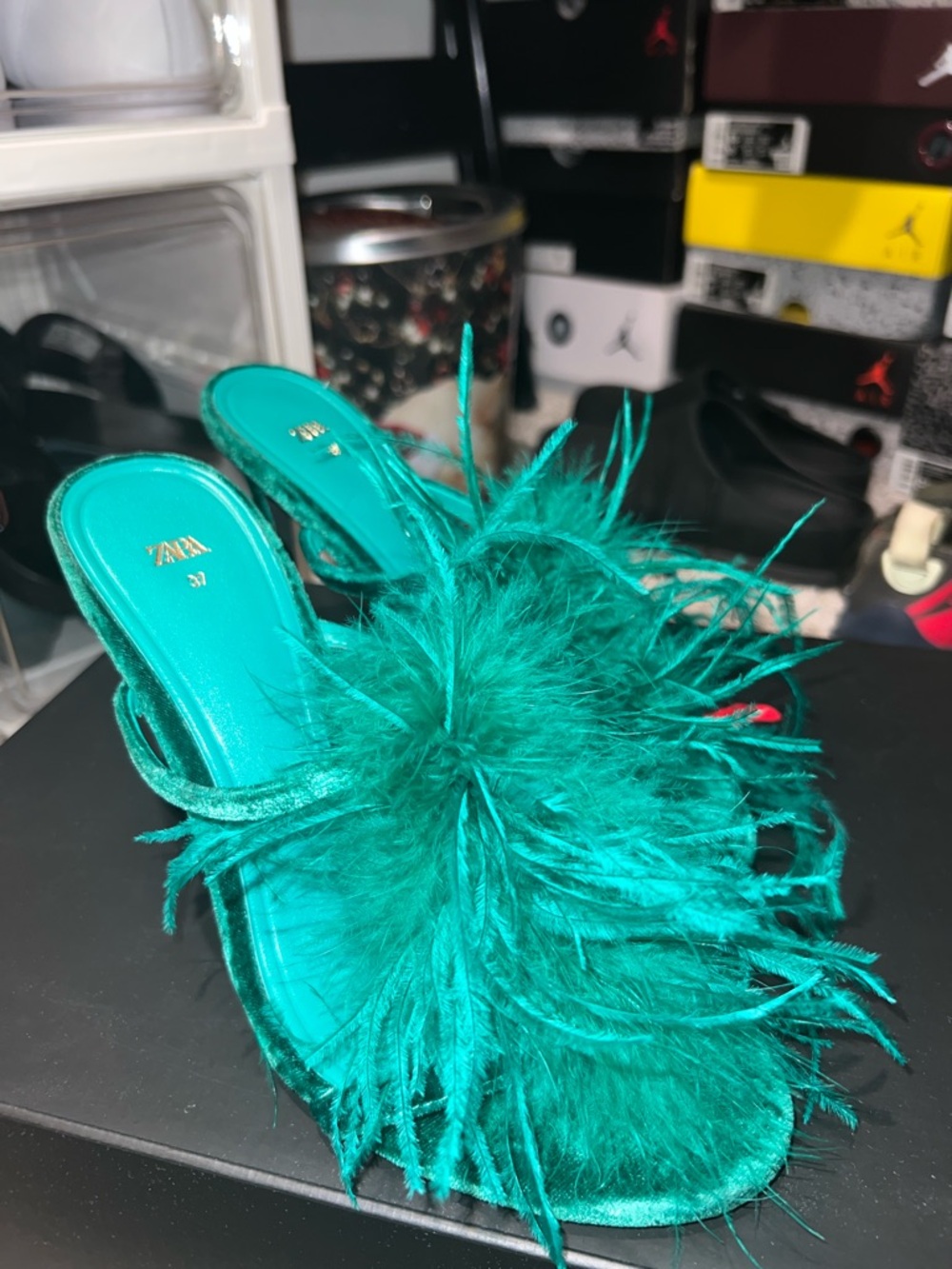 ZARA Teal Feather Slide Mules